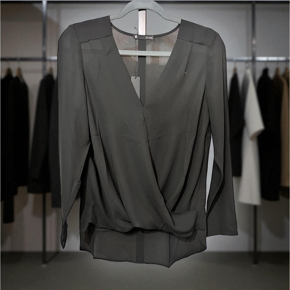 ☀️Krisa Long Sleeve Surplice V-Neck Career Blouse Top Black Women's Size S NWT